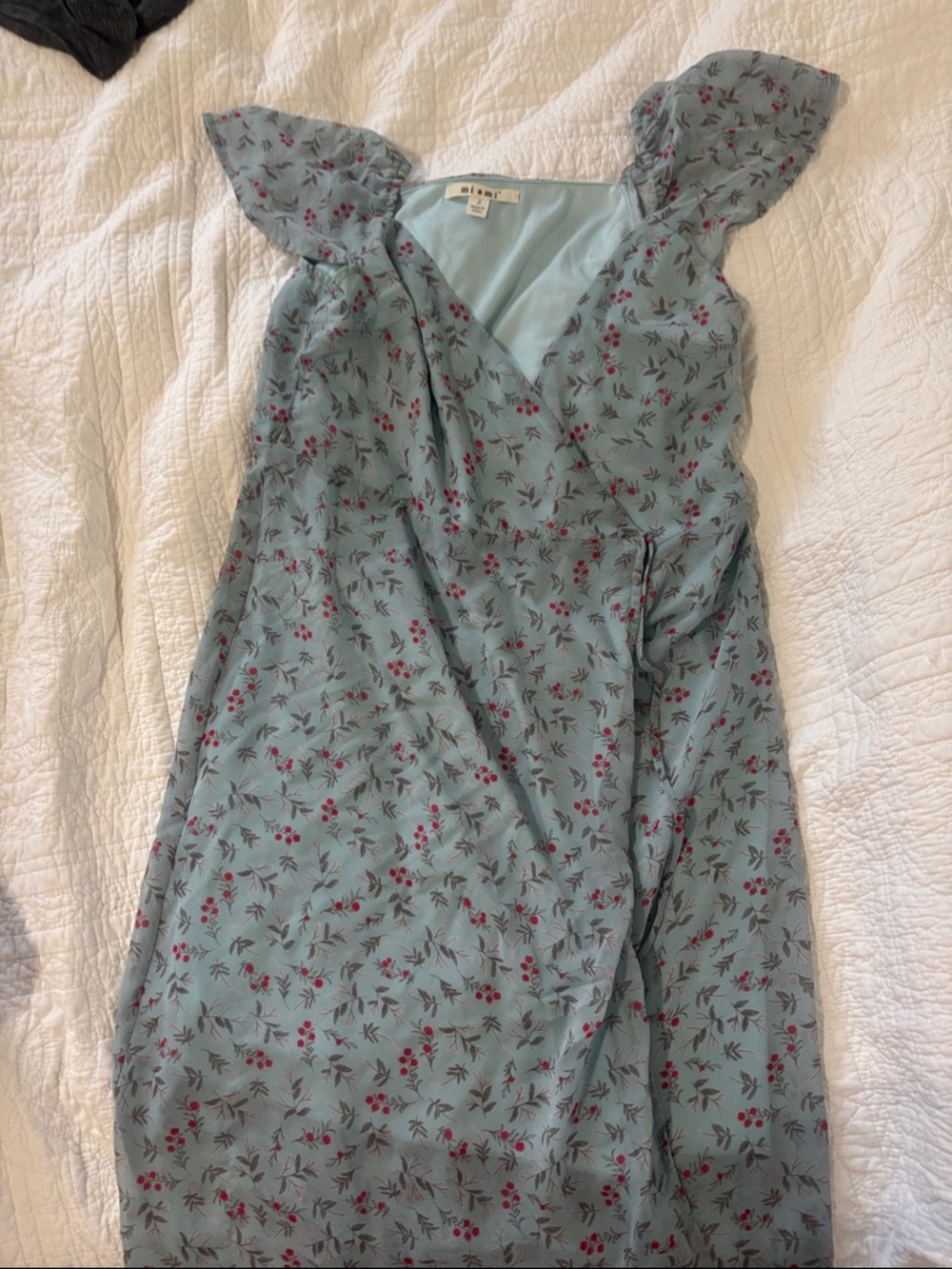 Blue Floral Wrap Dress with Red Berry Print